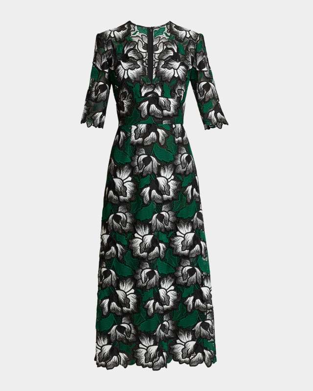 Floral Macrame Short-Sleeve Midi Dress
